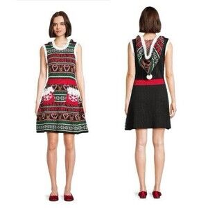 Santa's Favorite Embellished Christmas Holiday Sweater Dress Sz M Black Red Mini